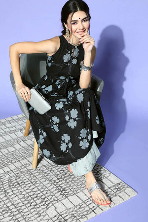 Black Cotton Floral Flared Fit Kurti