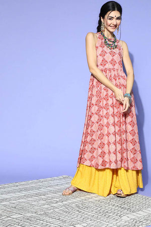 Pink Cotton Printed Flared Fit Kurti
