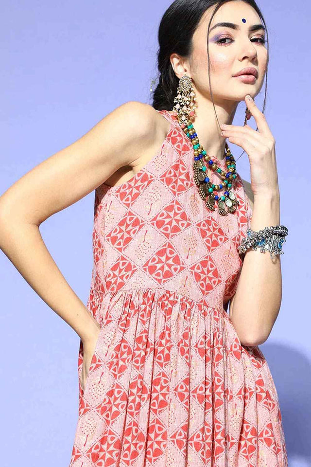Pink Cotton Printed Flared Fit Kurti