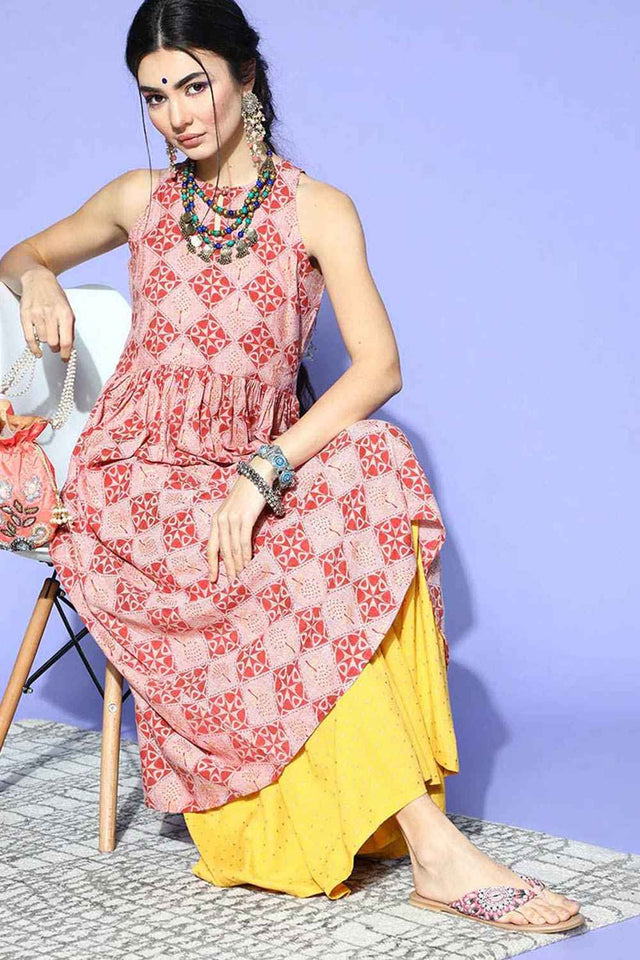 Pink Cotton Printed Flared Fit Kurti