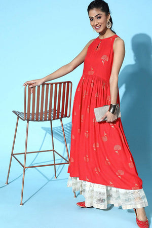 Red Cotton Round Neck Kurti