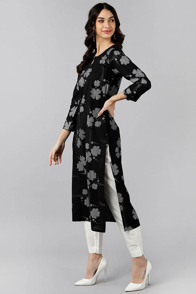Black Cotton Keyhole Neck Kurti