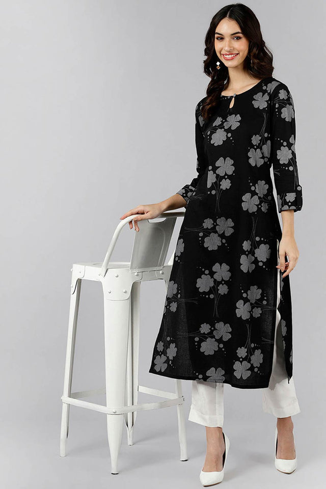 Black Cotton Keyhole Neck Kurti