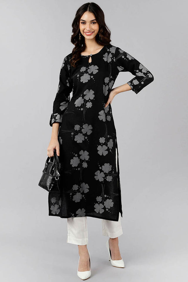 Black Cotton Keyhole Neck Kurti