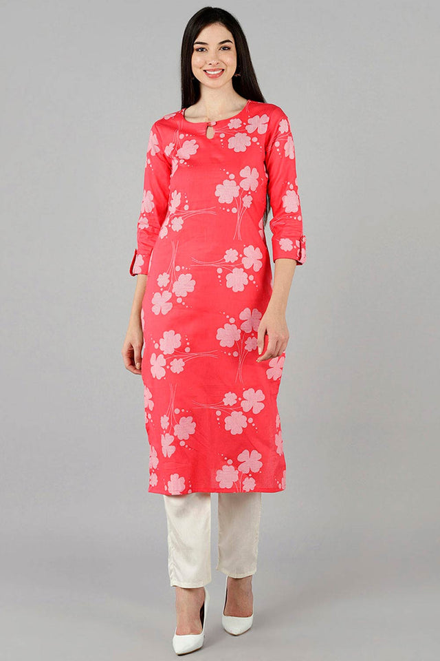 Pink Cotton Keyhole Neck Kurti