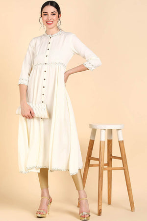 White Rayon V Neck Anarkali Kurti