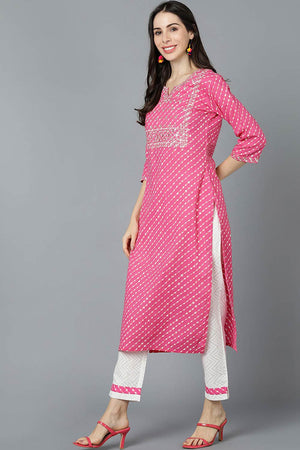 Pink Cotton Keyhole Neck Kurti