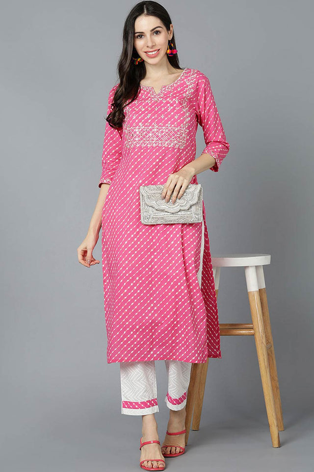 Pink Cotton Keyhole Neck Kurti
