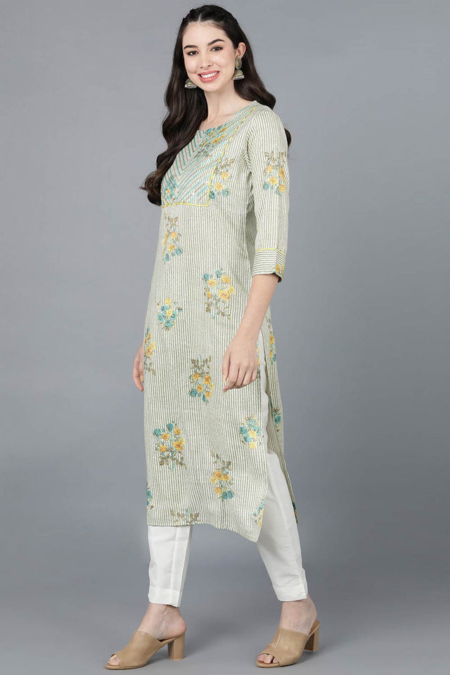 Beige Cotton Boat Neck Kurti