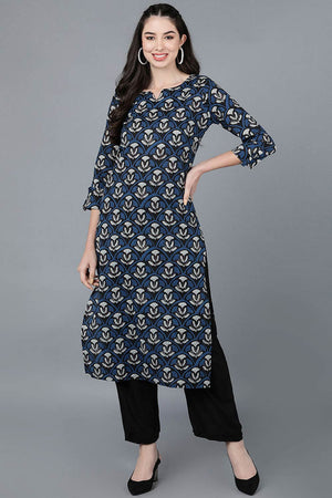 Blue Rayon Round Neck Kurti