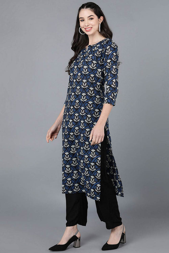 Blue Rayon Round Neck Kurti
