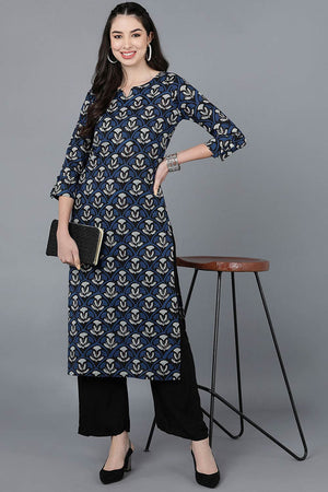 Blue Rayon Round Neck Kurti
