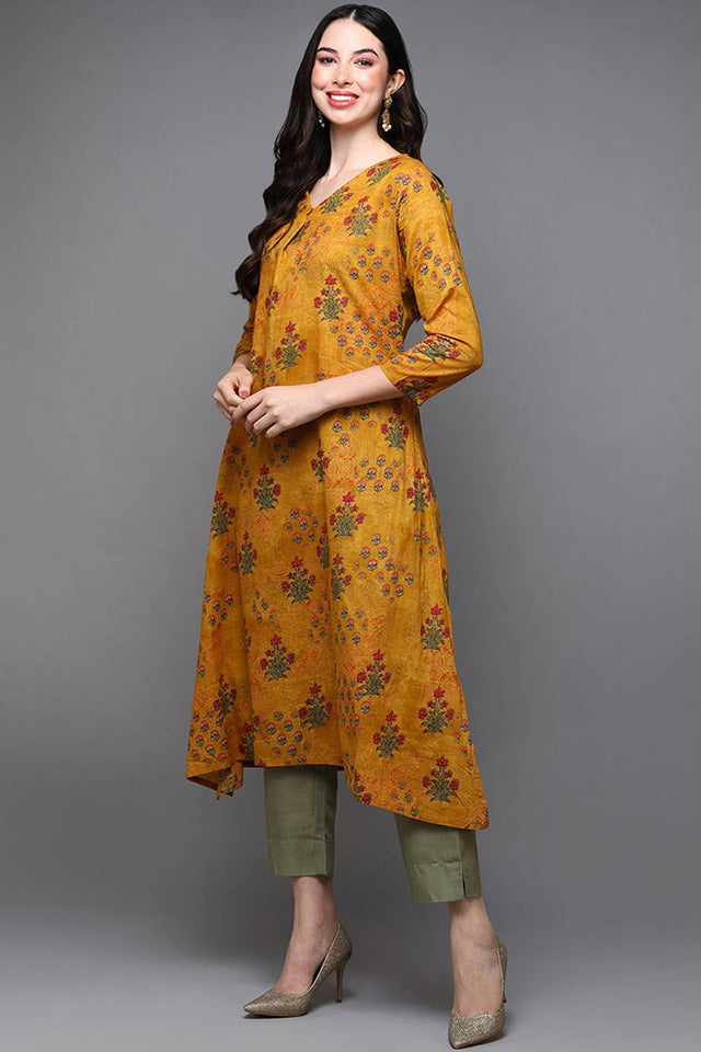 Yellow Cotton Floral Straight Kurti