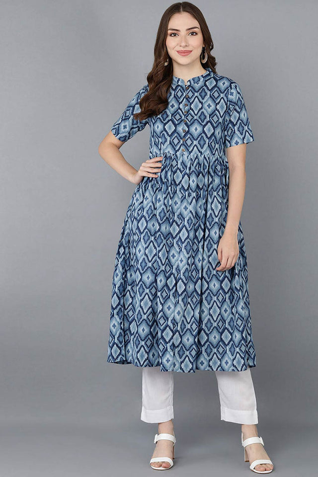 Blue Rayon Printed Flared Fit Kurti
