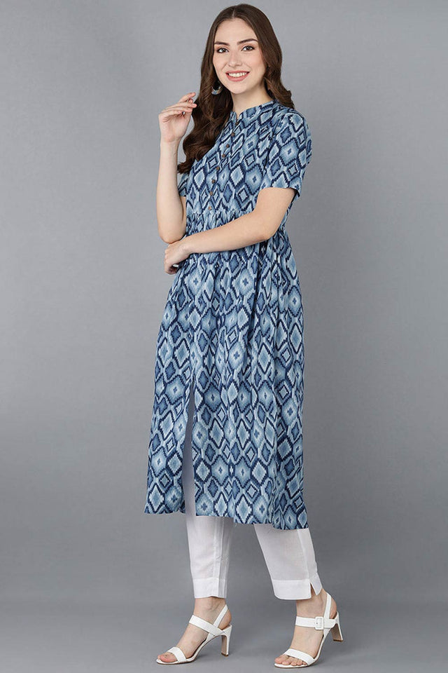Blue Rayon Printed Flared Fit Kurti