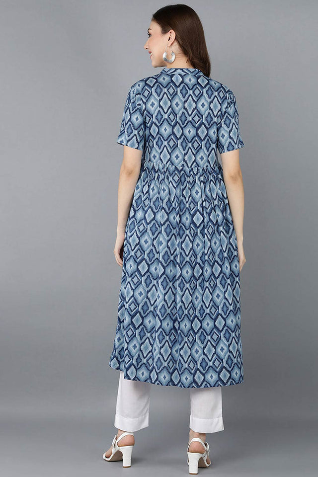 Blue Rayon Printed Flared Fit Kurti