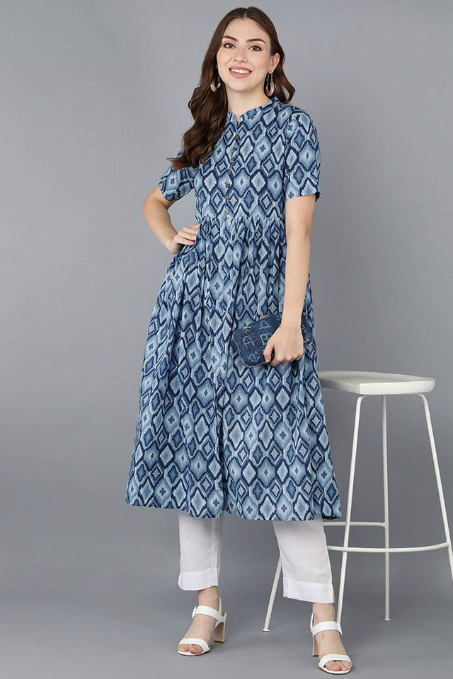 Blue Rayon Printed Flared Fit Kurti