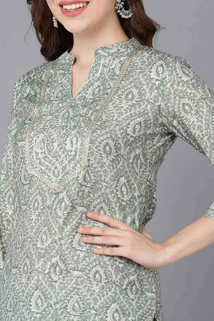 Green Cotton Printed Straight Kurti