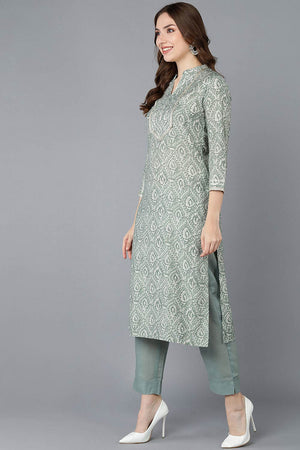 Green Cotton Printed Straight Kurti