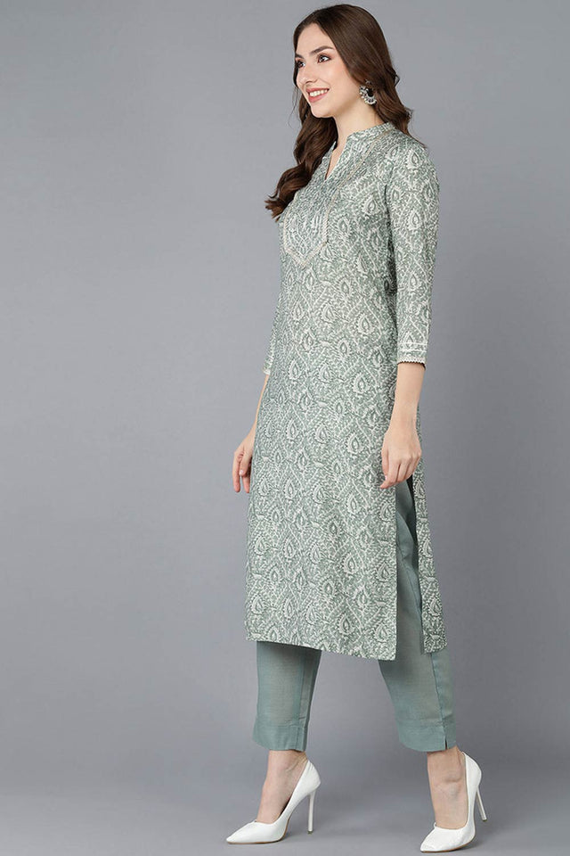 Green Cotton Printed Straight Kurti