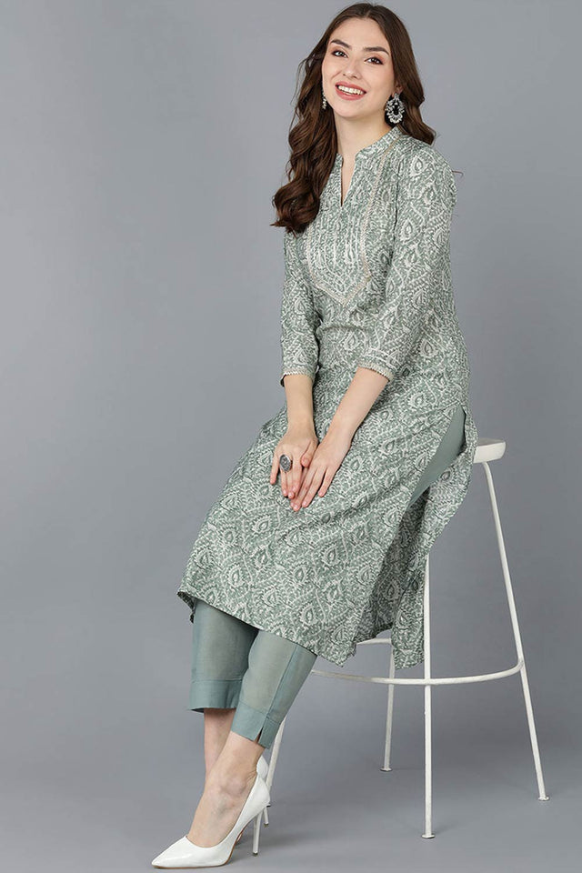 Green Cotton Printed Straight Kurti