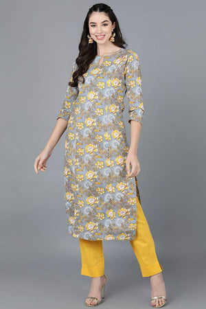 Grey Cotton Round Neck Kurti