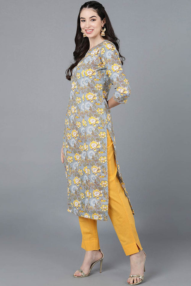 Grey Cotton Round Neck Kurti