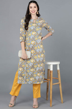 Grey Cotton Round Neck Kurti