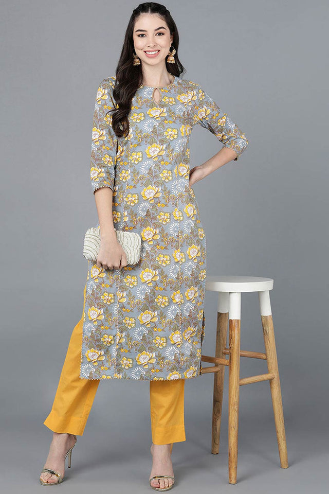 Grey Cotton Round Neck Kurti