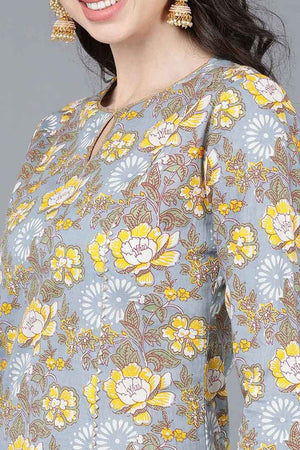 Grey Cotton Round Neck Kurti