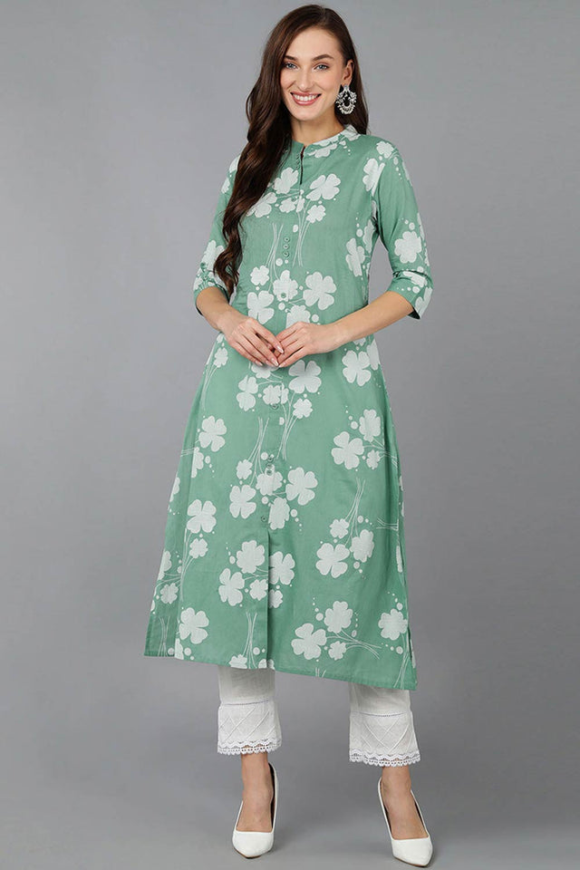 Green Cotton Embroidered Band Collar Kurti