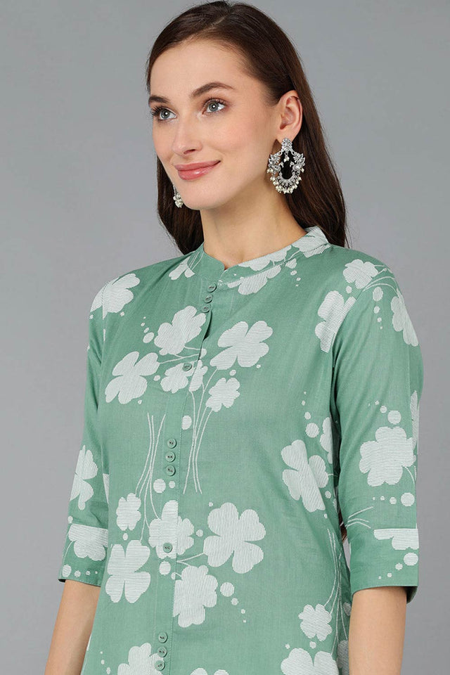Green Cotton Embroidered Band Collar Kurti