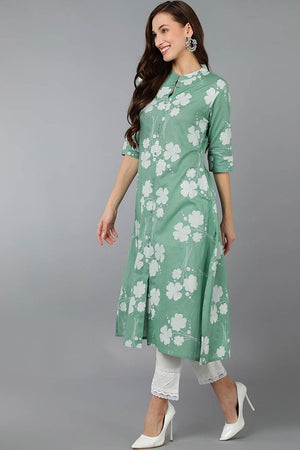 Green Cotton Embroidered Band Collar Kurti