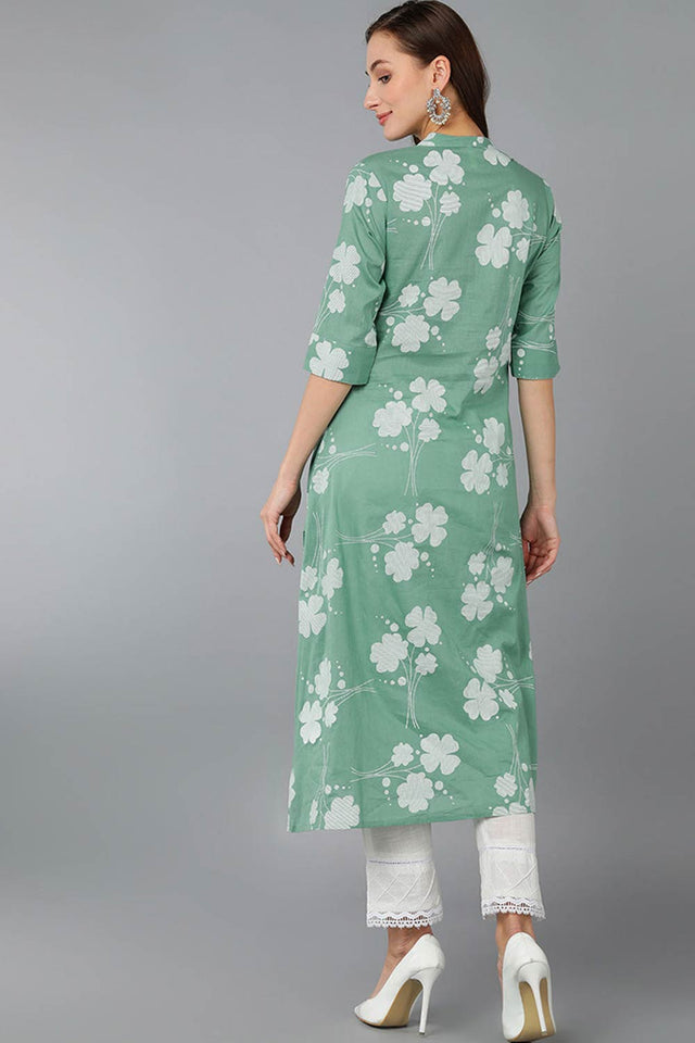 Green Cotton Embroidered Band Collar Kurti