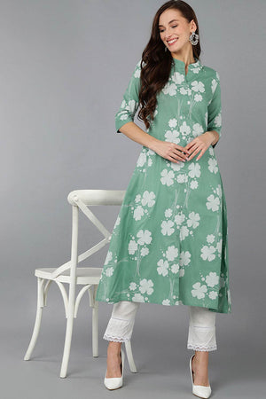 Green Cotton Embroidered Band Collar Kurti