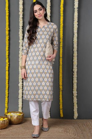 Blue Cotton Printed Straight Kurti
