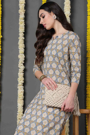 Blue Cotton Printed Straight Kurti