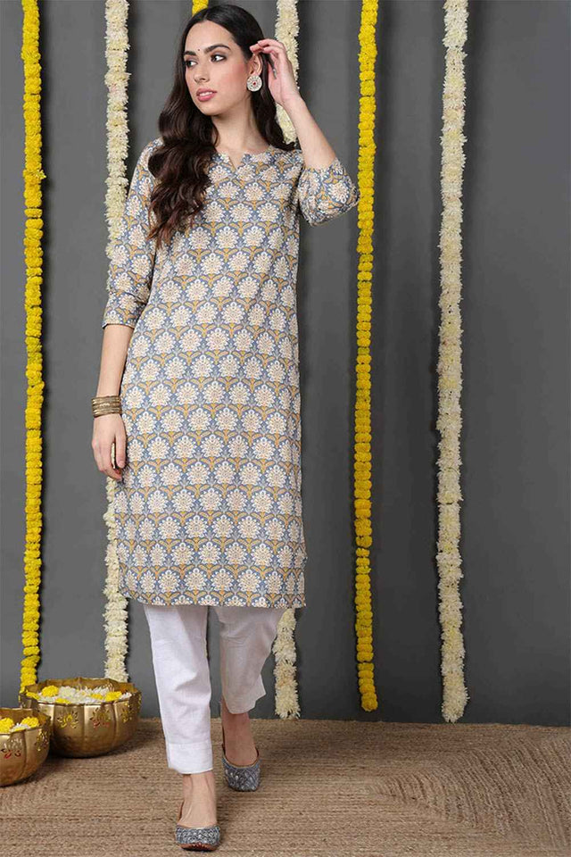 Blue Cotton Printed Straight Kurti