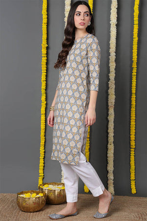 Blue Cotton Printed Straight Kurti