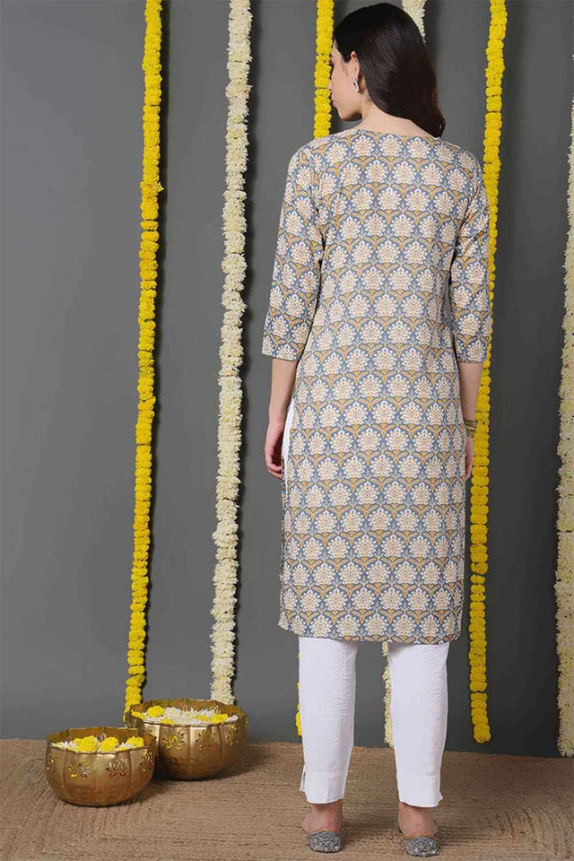 Blue Cotton Printed Straight Kurti