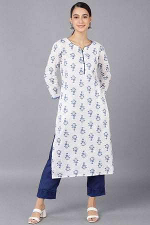 White Cotton Round Neck Kurti