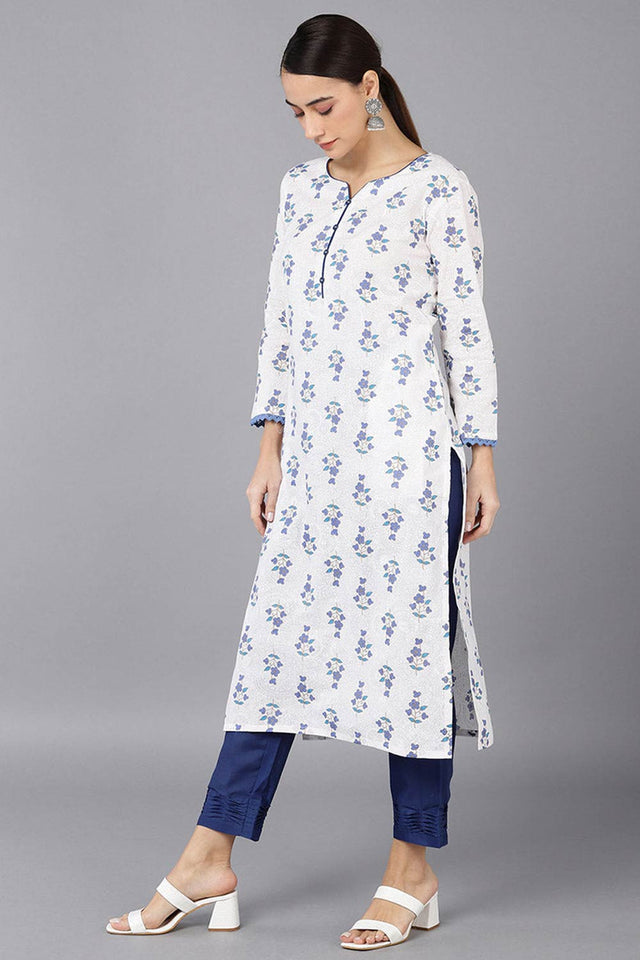 White Cotton Round Neck Kurti
