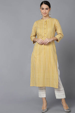 Yellow Cotton Mandarin Collar Kurti