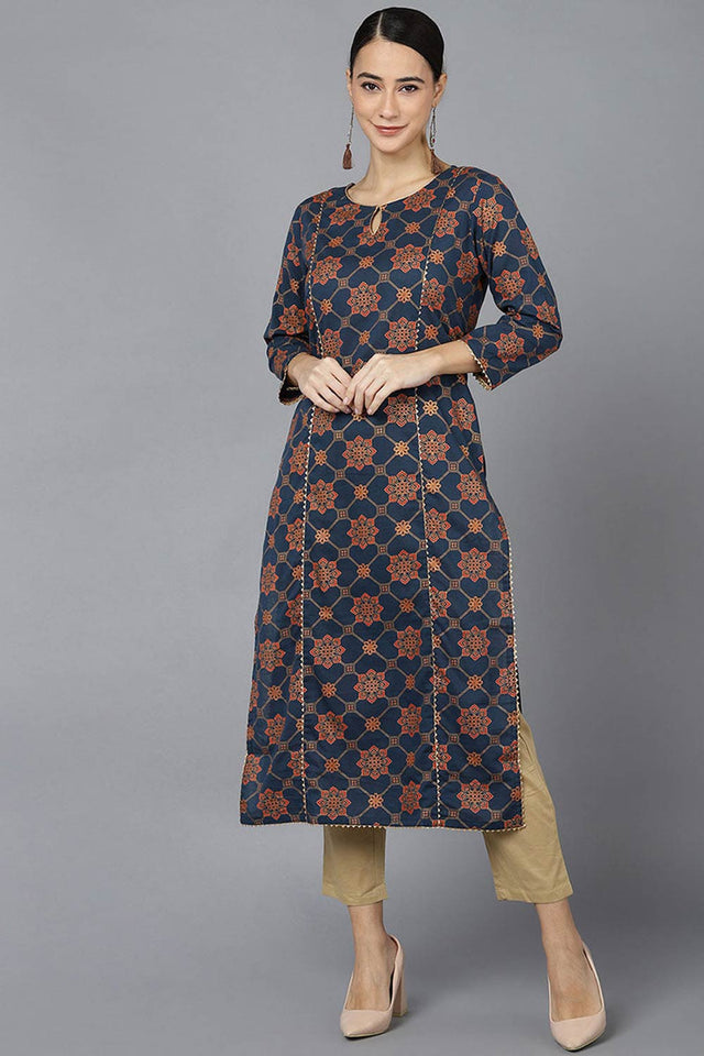 Blue Cotton Keyhole Neck Kurti