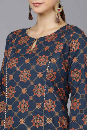 Blue Cotton Keyhole Neck Kurti