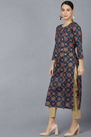 Blue Cotton Keyhole Neck Kurti