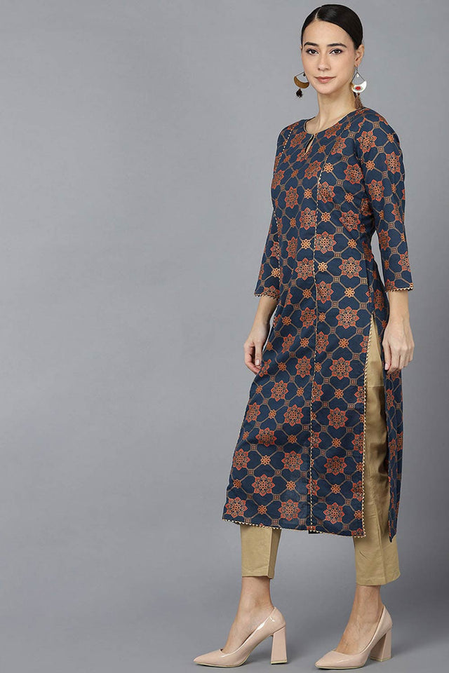 Blue Cotton Keyhole Neck Kurti