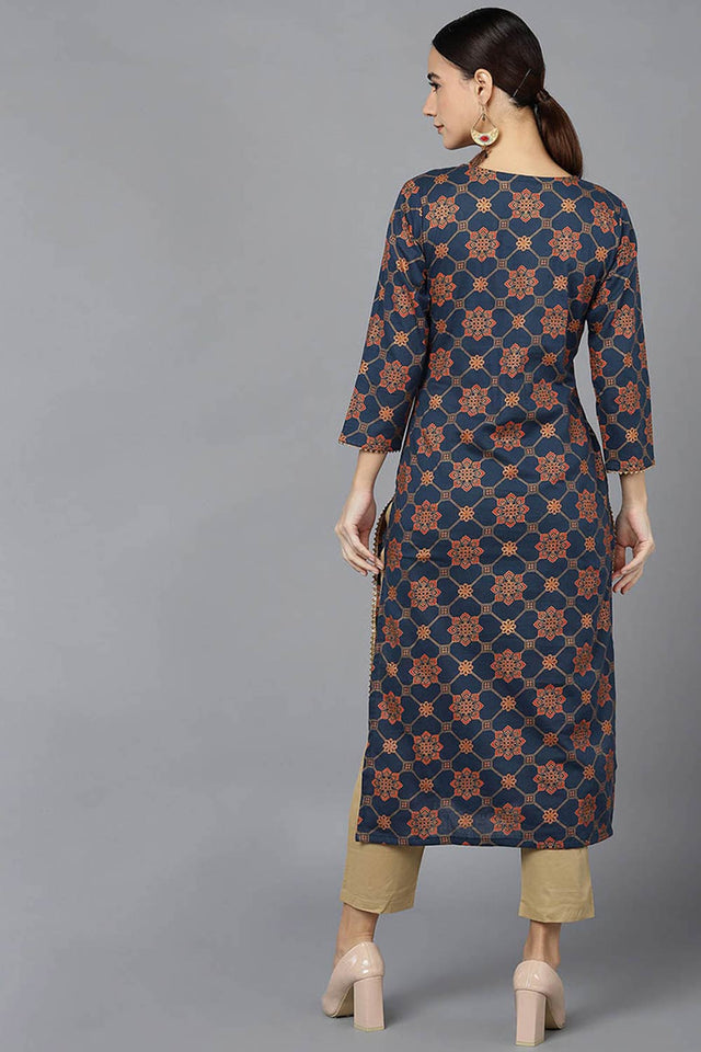Blue Cotton Keyhole Neck Kurti