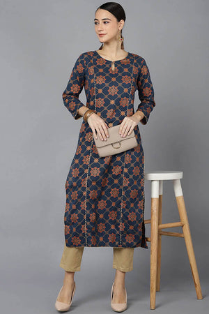 Blue Cotton Keyhole Neck Kurti