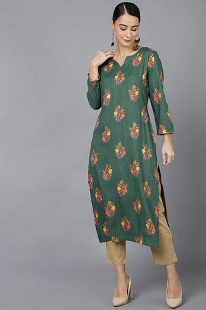 Green Cotton Round Neck Kurti
